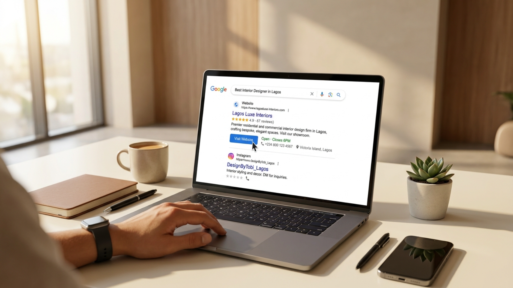 Google search results for interior designer in Lagos showing a website with prominent Google Business Profile